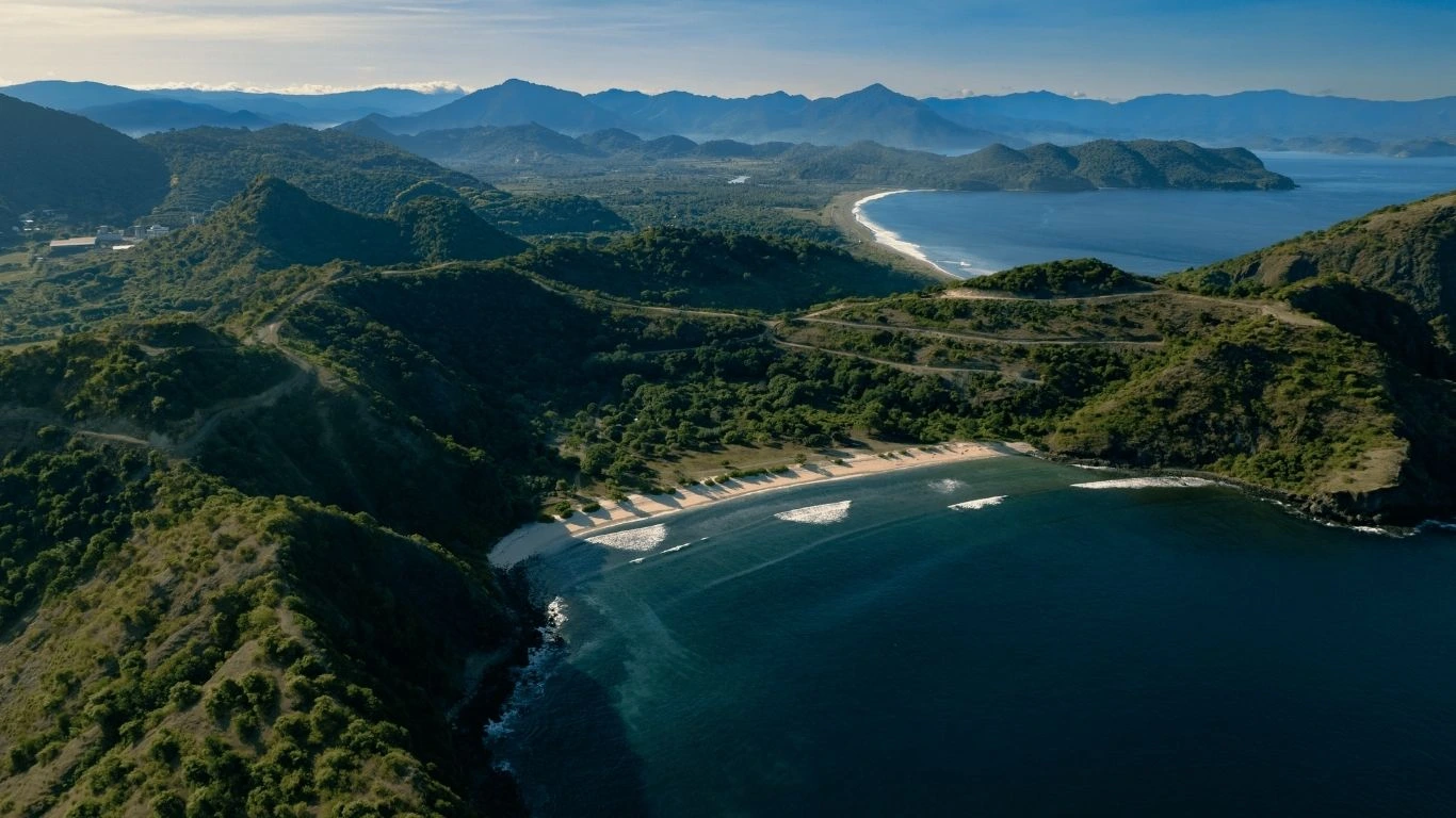 Aerial view of Rinjani Bay's master-planned oceanfront residential estate in West Sumbawa